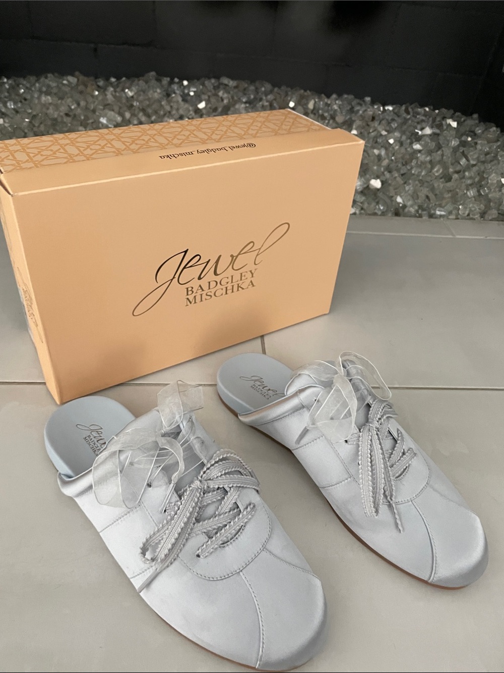 Badgley Mischka Silver Satin Slip-On Mules with Bow Detail